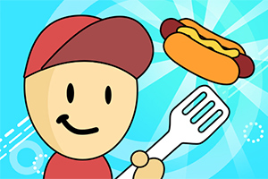 Personaje animado sonriente con gorra roja sosteniendo una espátula, con un hot dog flotando en el fondo azul