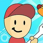 Personaje animado sonriente con gorra roja sosteniendo una espátula, con un hot dog flotando en el fondo azul