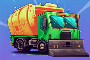 Camión de basura animado con una cabina verde y una caja trasera naranja, representado en un estilo caricaturesco sobre un fondo azul