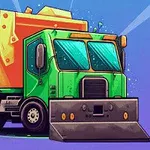 Camión de basura animado con una cabina verde y una caja trasera naranja, representado en un estilo caricaturesco sobre un fondo azul