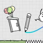 Dibujo de un personaje saltando sobre una línea de colores junto a un lápiz, con un armario y globos a la izquierda y picos en el suelo