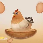Gallina animada sentada en un nido rodeada por huevos flotantes enteros y uno frito