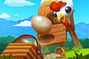 Gallina observando un huevo cayendo de un gallinero de madera hacia una canasta, con un paisaje de montañas y cielo azul de fondo