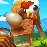 Gallina observando un huevo cayendo de un gallinero de madera hacia una canasta, con un paisaje de montañas y cielo azul de fondo