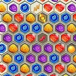 Hexágonos coloridos con símbolos y letras en rojo, azul, amarillo y morado