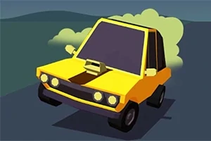 Caricatura de un coche amarillo con humo saliendo por detrás, sobre una carretera