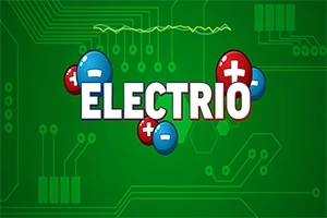 Texto ELECTRIO en el centro con esferas rojas y azules de signos de más y menos sobre un fondo verde de circuitos electrónicos