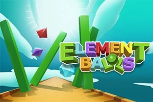 Logo colorido Element Balls con cristales flotantes y un camino de madera sobre un fondo de cielo azul con nubes