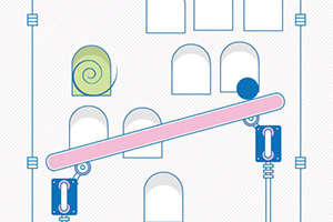 Una ilustración minimalista con un balancín rosa, una bola azul, y un fondo de arcos y espirales