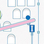 Una ilustración minimalista con un balancín rosa, una bola azul, y un fondo de arcos y espirales
