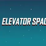 Ilustración de un fondo estrellado con el texto ELEVATOR SPACE y una torre roja con una luz amarilla en la parte superior