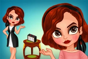Ilustración de una mujer de cabello castaño y ojos grandes con dos poses diferentes frente a un mueble pequeño