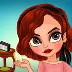 Ilustración de una mujer de cabello castaño y ojos grandes con dos poses diferentes frente a un mueble pequeño