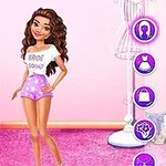 Una chica con cabello rizado y un conjunto casual en una interfaz de vestuario virtual con múltiples opciones de cambio de apariencia