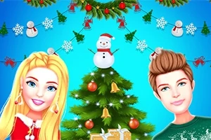 Dos personajes sonrientes junto a un árbol de Navidad decorado, con adornos festivos y muñecos de nieve al fondo