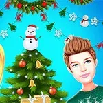 Dos personajes sonrientes junto a un árbol de Navidad decorado, con adornos festivos y muñecos de nieve al fondo