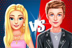 Chico y chica de dibujos animados enfrentados con un estilo de versus