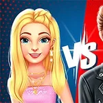 Chico y chica de dibujos animados enfrentados con un estilo de versus
