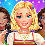 Tres personajes femeninos de estilo animado posan sonriendo con ropa colorida y accesorios, sobre un fondo de estrellas y luces brillantes