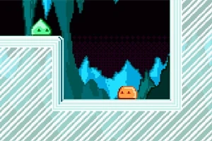 Un escenario de plataforma en estilo pixel art con un personaje verde y otro naranja en un paisaje de cuevas heladas
