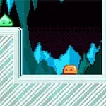Un escenario de plataforma en estilo pixel art con un personaje verde y otro naranja en un paisaje de cuevas heladas