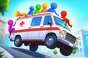 Personajes de colores montados sobre una ambulancia en movimiento con fondo de ciudad