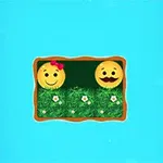 Dos emojis sonrientes en un prado verde, uno con un moño rojo y el otro con un bigote