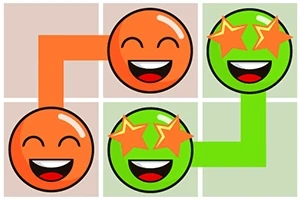 Caritas sonrientes conectadas por líneas, una naranja y otra verde con estrellas en los ojos, sobre un fondo cuadriculado