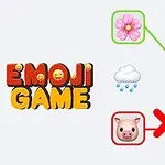 Texto colorido Emoji Game acompañado de un diagrama con emojis de flor, nariz de cerdo, abeja, nube de lluvia y una prohibición entre un cerdo y un paraguas