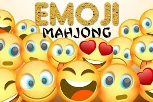 Emojis amarillos con diversas expresiones faciales como corazones en los ojos, ojos grandes y sonrisas, con el texto Emoji Mahjong en la parte superior