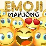 Emojis amarillos con diversas expresiones faciales como corazones en los ojos, ojos grandes y sonrisas, con el texto Emoji Mahjong en la parte superior