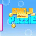 Fondos azul con burbujas, un grupo de emojis en un cuadro rosa, y texto colorido que dice Emoji Matching Puzzle