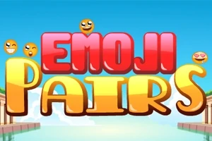 Texto colorido Emoji Pairs con emojis sonrientes sobre un fondo azul cielo y agua