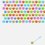 Emojis de colores agrupados en filas con una flecha y un emoji individual apuntando hacia ellos desde abajo