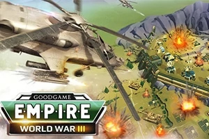 Empire: World War 3 Helicóptero volando sobre un campo de batalla con explosiones y edificaciones en el suelo