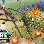 Empire: World War 3 Helicóptero volando sobre un campo de batalla con explosiones y edificaciones en el suelo