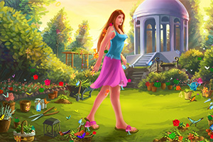 Mujer caminando por un colorido jardín con herramientas de jardinería y un quiosco al fondo
