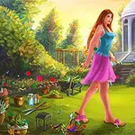 Mujer caminando por un colorido jardín con herramientas de jardinería y un quiosco al fondo