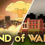 Explosión nuclear y ruinas a la izquierda, edificios coloridos y intactos a la derecha con el texto END of WAR en el centro