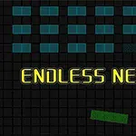 Texto amarillo que dice ENDLESS NEON sobre un fondo de bloques azules y negros con un cuadrado morado y un rectángulo verde