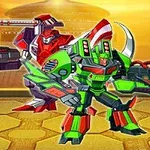 Dos robots coloridos, uno verde y otro rojo, equipados con armas futuristas en un entorno con un cielo anaranjado