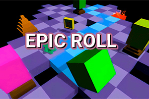Colores brillantes y bloques geométricos sobre un tablero cuadriculado con el texto EPIC ROLL en el centro