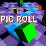 Colores brillantes y bloques geométricos sobre un tablero cuadriculado con el texto EPIC ROLL en el centro
