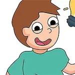 Niño sonriente sosteniendo un borrador grande, con una bombilla encendida encima