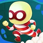 Personaje con máscara y traje a rayas rojas y blancas corriendo sobre un fondo azul con formas abstractas