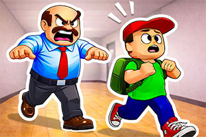 Hombre enojado con camisa azul y corbata roja persiguiendo a un niño con gorra roja, mochila verde y tenis rojos en un pasillo