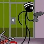 Dibujo de un personaje de palo con una gorra rayada usando un taladro frente a una celda, junto a un pico y una palanca