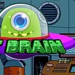 Un extraterrestre verde de un solo ojo en una nave espacial con la frase ET BRAIN en letras verdes brillantes