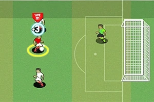 Jugadores de fútbol en un campo, un portero frente a la portería y un jugador con un icono numérico sobre la cabeza