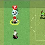 Jugadores de fútbol en un campo, un portero frente a la portería y un jugador con un icono numérico sobre la cabeza